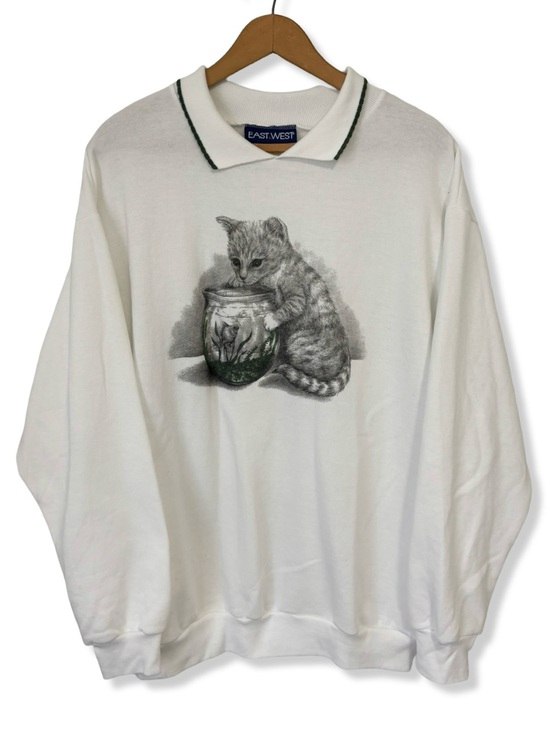 American Vintage Tops - Vintage 90s White Cat & Fishbowl Collared Sweatshirt